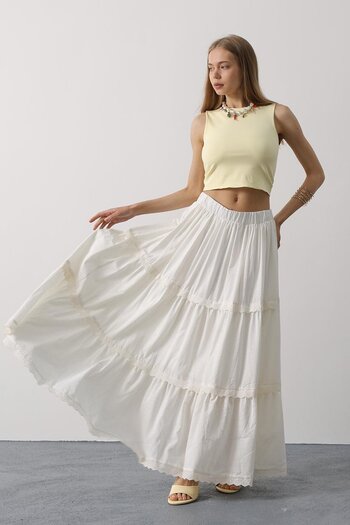 Le Savu Shilsee Lace Detail Lined Long Skirt White