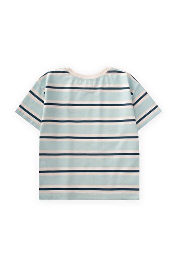 Cigit Tricou cu dungi late brodate 2-10 ani Turcoaz Bleumarin cu dungi