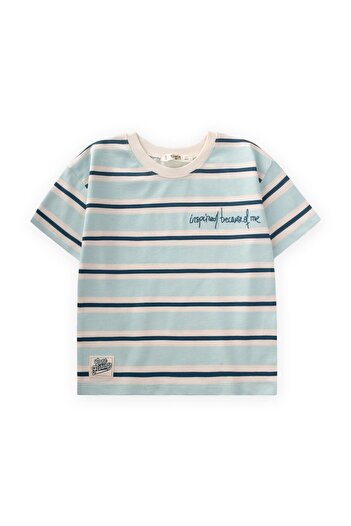 Cigit Tricou cu dungi late brodate 2-10 ani Turcoaz Bleumarin cu dungi