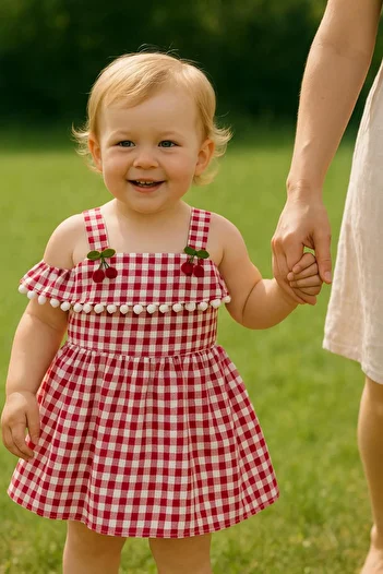 Esterella Pompon Cherry Plaid Dress/ Shoulder Detail Suspender Plaid Dress