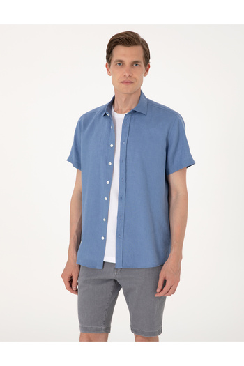 Pierre Cardin Mavi %100 Keten Regular Fit Kısa Kollu Gömlek 50305680-VR036