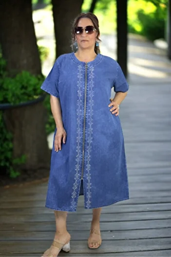 yagmurberen Front to Back Zippered Stone Decorated Pocket Short Sleeve Large Size Jean Denim Dress