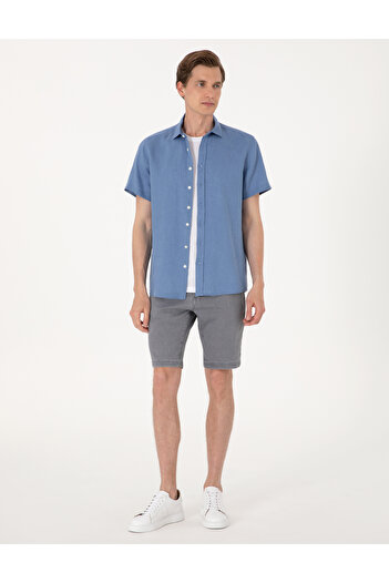Pierre Cardin Mavi %100 Keten Regular Fit Kısa Kollu Gömlek 50305680-VR036