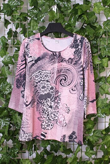YXL COLLECTION Γυναικεία μπλούζα μεγάλου μεγέθους Lycra Stone με μικτό σχέδιο με μανίκια τριών τετάρτων (4 εποχών) - ροζ