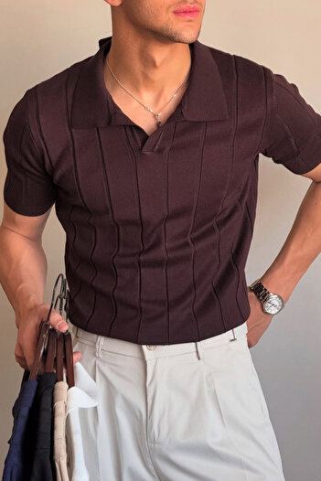 Tarz Cool Men's Brown Striped Short Sleeve Knitwear T-Shirt