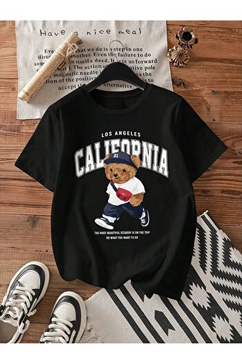 ELNOYA Unisex Cotton Black Oversize "Teddy Bear to California" Printed Comfortable Daily T-Shirt