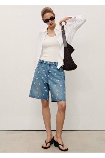 MANGO Woman Denim Bermuda Shorts with Floral Embroidery