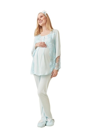 By Mecit Pijama Women's Lace Detailed Buttoned Front Maternity Pajama Set