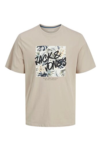 Jack & Jones J&J T-Shirt Ανδρικό μπλουζάκι με λογότυπο στο στήθος εμπριμέ μπλουζάκι ανοιχτό μπεζ