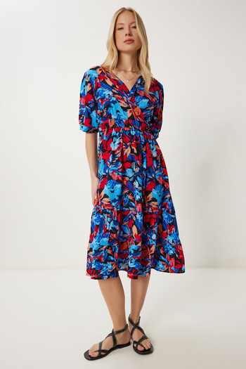 Happiness İstanbul Rochie de vară din viscoză cu model pentru femei, albastru, burgundă, cu guler înfășurat ZV00319