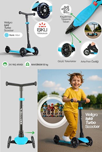 Wellgro Işıklı Scooter, Ayarlanabilir yükseklik, Ön Tekerleri Işıklı Çocuk Scooter, Mavi