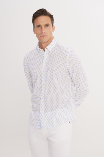 ALTINYILDIZ CLASSICS Λευκό λινό πουκάμισο Slim Fit - Navy Blue, με κουμπιά γιακά, εμπριμέ