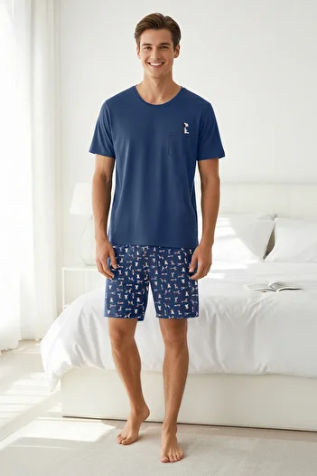 Trendyol Collection Indigo Regular Fit - Set pijamale tricotate cu model câine THMSS21PT0324