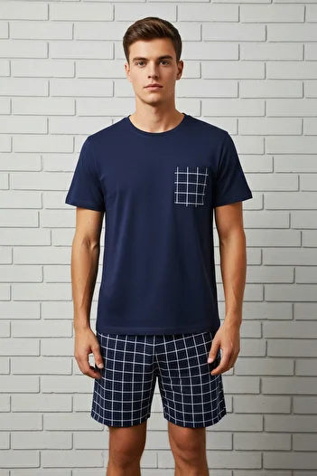 Trendyol Collection Темно-синій піжамний комплект Regular Fit Plaid Orme TMNSS25PT00034