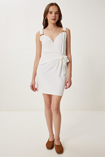 Happiness İstanbul Women's Ecru Strap Summer Mini Ayrobin Dress Gx00008