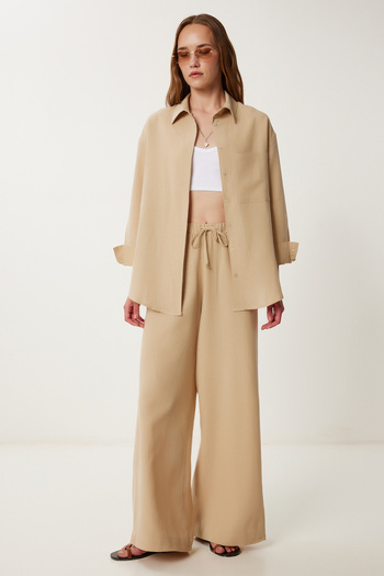 Happiness İstanbul Women's Beige Oversize Linen Shirt Pants Set Wf00118