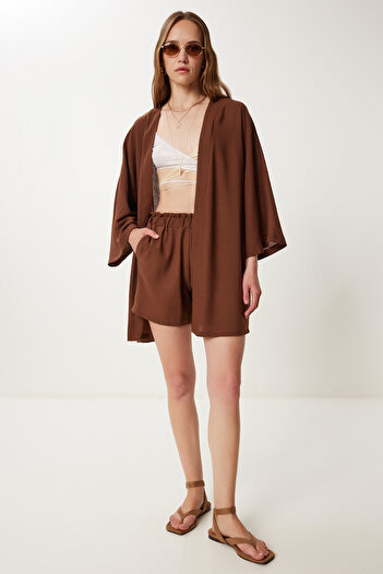 Happiness İstanbul Women's Brown Linen Kimono Shorts Set Wf00105