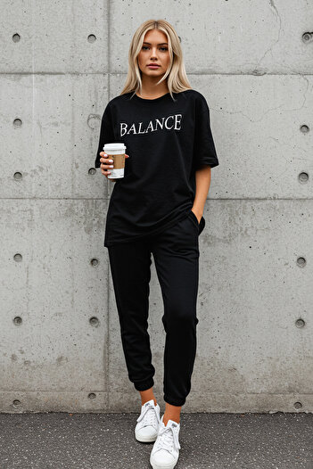 Trendyol Collection Slogan Printed Black Knitted T-Shirt and Pants Set - Twoss25Au00098