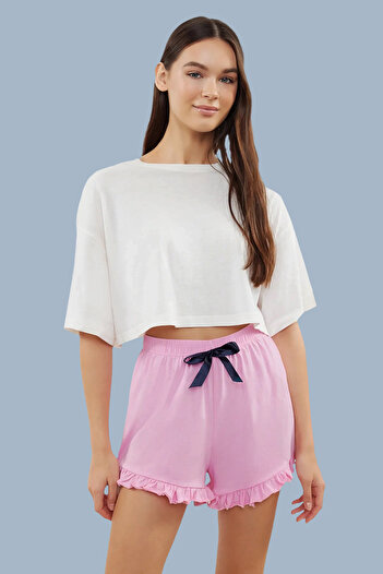Trendyol Collection Pink-Burgundy 2-Pack Cotton Frilly Knitted Pajama Bottoms with Ribbon/Bow Detail Thmss24Pj00027