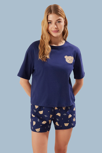 Trendyol Collection Sötétkék Animal Single Jersey kötött pizsama szett THMSS25PT00064