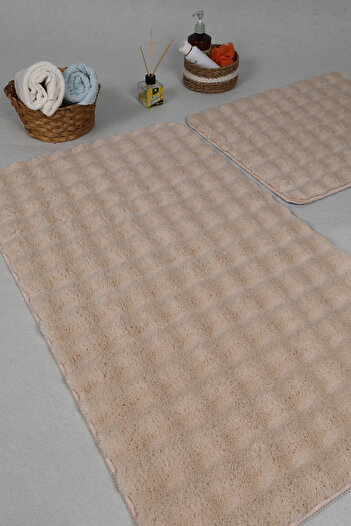 Myevilla Modern Bubble Yıkanabilir Kaymaz Peluş Banyo Paspası Halısı 2'li Klozet Takımı 50x80-50x40cm Açık Be