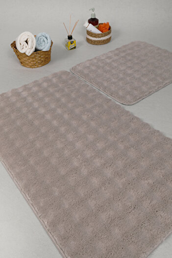 Myevilla Modern Bubble Yıkanabilir Kaymaz Peluş Banyo Paspası Halısı 2'li Klozet Takımı 50x80-50x40cm Bej
