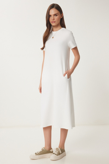 Lovelyİstanbul Ecru Color A-Line Knitted Summer Dress - Lub0005