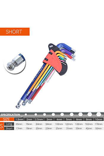 Choice1 HEX KEY SET SHORT Allen Key Set L Wrench Kit For Allen Screw 9PCS Long Arm Hex Key Set 1.5mm To 10mm