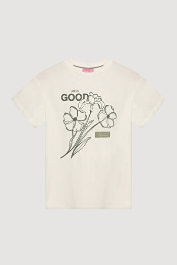 Quzu Life Is Good Print and Beading Detail T-Shirt