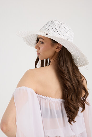 Moda Days White Rope Ribbon Bow Detailed Straw Beach Hat