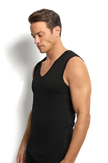 Jiber Men's Black Cotton Lycra V-Neck Undershirt 117