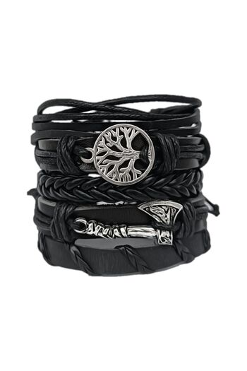 BSN 5Pcs Viking Axe Tree of Life Symbol Genuine Leather Bracelet