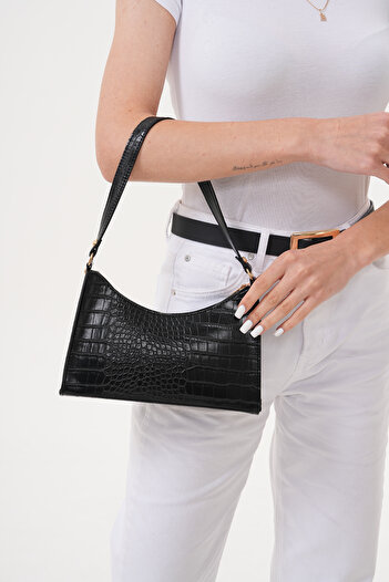 Güce Black Crocodile Patterned Baguette Baguette Hand and Shoulder Bag Gc009000k