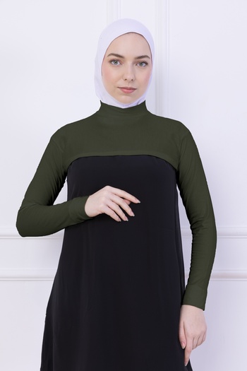 Loggia Turtleneck Neck Collar Oversleeve Khaki Green - Lycra Stand Collar Women's Body Hijab Crop Bolero