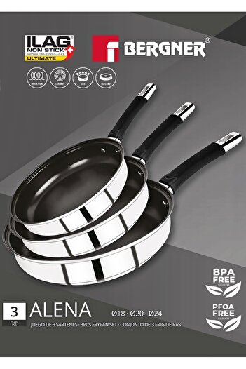 Bergner Set Of 3 Non-stick Frying Pans Alena 18,20,24 Cm Stainless Steel Induction Dishwasher Safe
