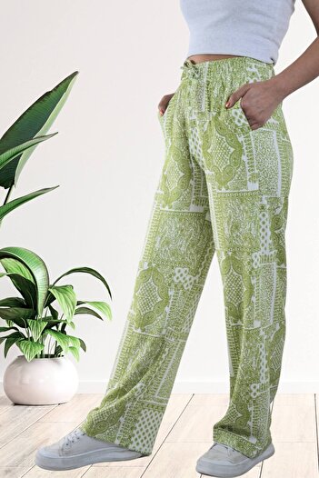 Mood Lab Women's Elastic Waist Shawl Pattern Printed Wrinkled Palazzo Trousers