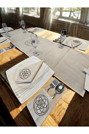 Menar Tasarım Flower of Life Embroidered Runner Napkin Cutlery Service Set 6 Person Design Table Cloth Set