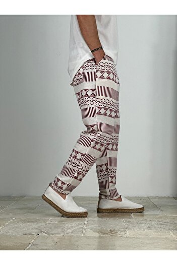 COCOPELLI Ethnic Patterned Burgundy Linen Trousers