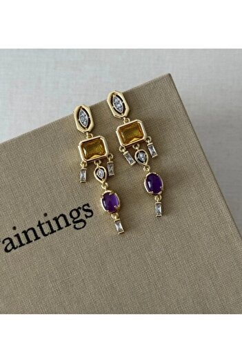 GLOWVİA AKSESUAR Zircon Stone Dangle Gold Earrings
