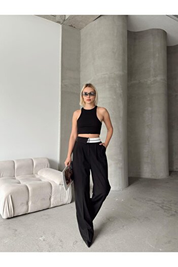 Jeevee Half Reverse Belt Wide Leg Polyviscose Trousers