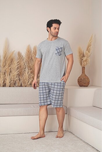 Huq Moda Erkek Şortlu Lacivet Kısa Kollu Ekose Penye Pamuklu Kumaş Mevsimlik Pijama Takımı
