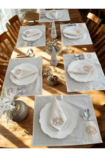Menar Tasarım Lotus Flower Embroidered American Service Set Napkin Set 6-Person Dining Tablecloth Set