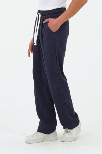 RELAXL 100% Cotton Relaxed Cut Summer Muslin Navy Blue Baggy Trousers