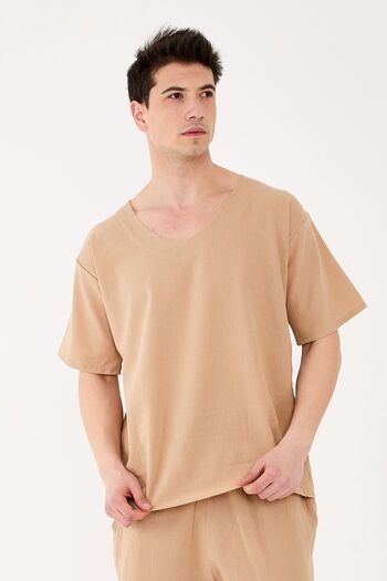 RELAXL 100% βαμβακερό ύφασμα Sile Dirty Collar Oversize Ανδρικό μπλουζάκι μπεζ Ρούχα διαλογισμού
