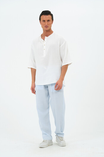 RELAXL 100% Cotton Natural Muslin Oversize Placket Collar Ecru Shirt Fakir Sleeve