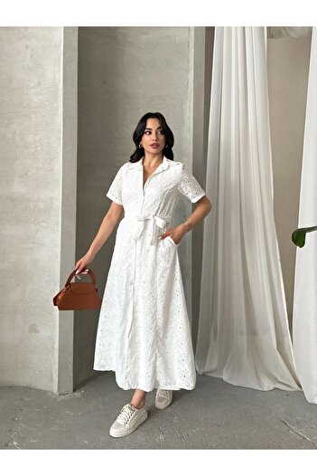 SUN STYLE Imported Cotton Scallop Flower Patterned Lined Dress with Pocket and Belt Detail - Embroidery Different Flower Patterns