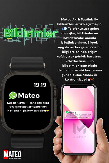 MATEO Akıllı Saat Watch 800 Ultra 45mm 1.99inç Türkçe Tüm Telefonlara Uyumlu