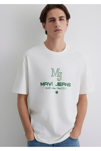 Mavi Tennis Logo Printed Ecru T-Shirt Loose Fit / Loose Relaxed Cut 0612706-70057