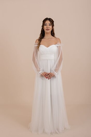 berissima bride Femina | Tül Drapeli Balon Kol Beyaz Elbise