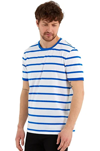 Adams Crew Neck Ringel Knit Short Sleeve Blue Striped T-shirt